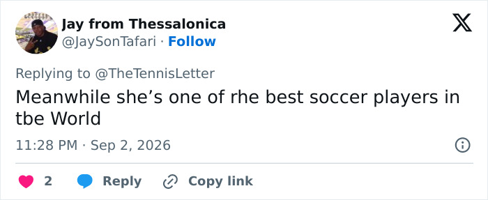 A screenshot of a tweet about the woman dancing at US Open being a great soccer player, a viral sensation