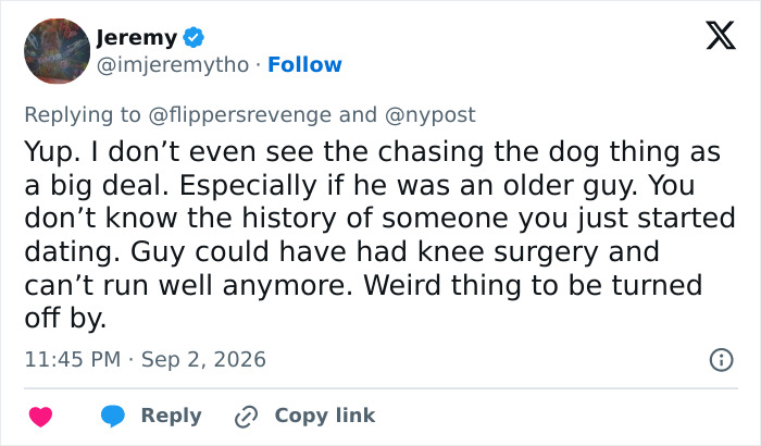 Twitter user Jeremy discusses Isla Fisher's dating 'ick' after divorce, mentioning a man with a dog.