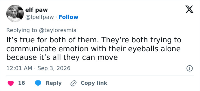 Tweet by elf paw discussing iconic actresses trying to communicate emotion with only their eyeballs. Tweet by elf paw discussing iconic actresses trying to communicate emotion with only their eyeballs.