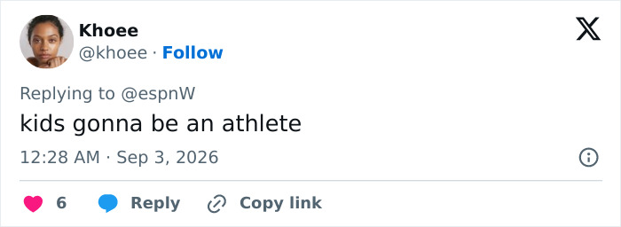 Khoe's tweet remarking that the woman dancing at US Open will be an athlete, noting her viral sensation.