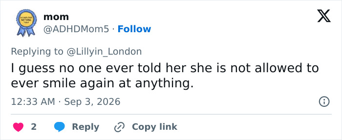 Twitter user mom comments on the odd sticker on Lindsay Clancy's wheelchair, implying a lack of empathy. Twitter user mom comments on the odd sticker on Lindsay Clancy's wheelchair, implying a lack of empathy.