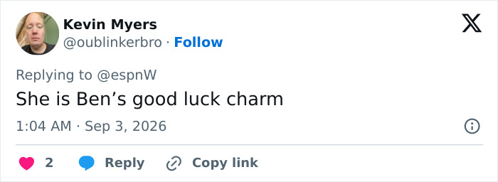 Twitter comment from Kevin Myers stating the woman dancing at the US Open is Ben's good luck charm.