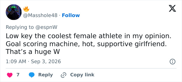 Tweet reply: The woman dancing at US Open is the coolest female athlete, a goal-scoring machine.