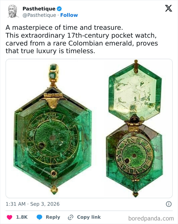 A 17th-century pocket watch carved from Colombian emerald, representing timeless aesthetic art.