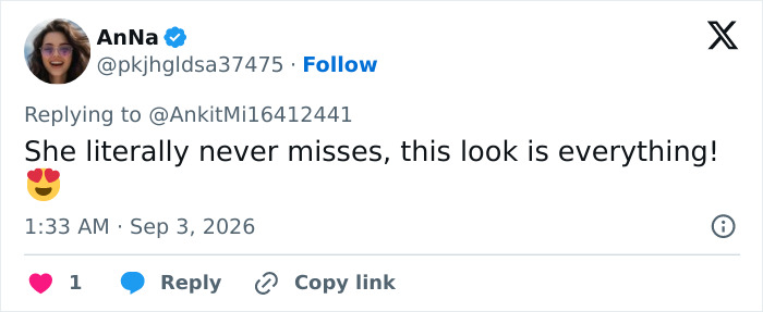 A tweet from AnNa admiring Sydney Sweeney's latest photos and expressing approval of her look. A tweet from AnNa admiring Sydney Sweeney's latest photos and expressing approval of her look.