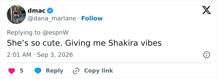 A social media post with the comment, She's so cute. Giving me Shakira vibes, referencing the woman dancing at the US Open.