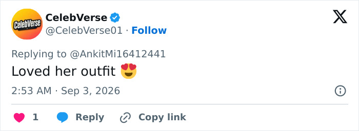 A tweet by CelebVerse expressing love for Sydney Sweeney's outfit in her latest photos. A tweet by CelebVerse expressing love for Sydney Sweeney's outfit in her latest photos.