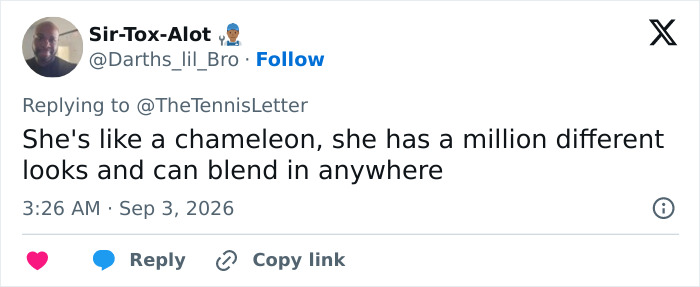 A screenshot of a tweet about the woman dancing at US Open having many different looks, a viral sensation