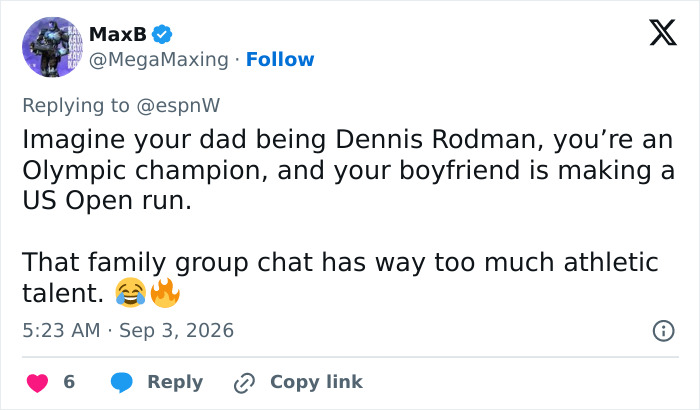 MaxB's tweet highlighting the woman's dad as Dennis Rodman and her being an Olympic champion while dancing at US Open.