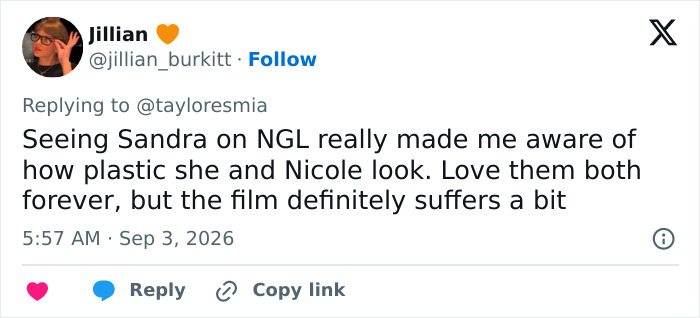 A social media post with a fan comment about iconic actresses' forever-young looks ruining the new movie. A social media post with a fan comment about iconic actresses' forever-young looks ruining the new movie.