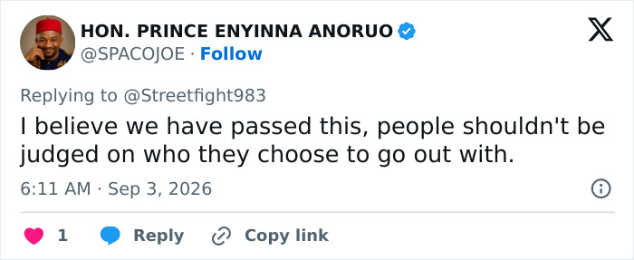 A social media post by HON. PRINCE ENYINNA ANORUO discussing the shaming trend of dating a foreigner.