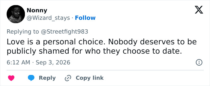 A social media post on public shaming trend, stating love is a personal choice and nobody deserves to be shamed.