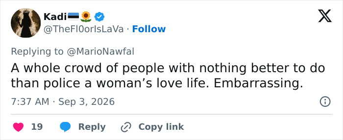 A tweet by Kadi about the embarrassing shaming trend where crowds police a woman's love life.