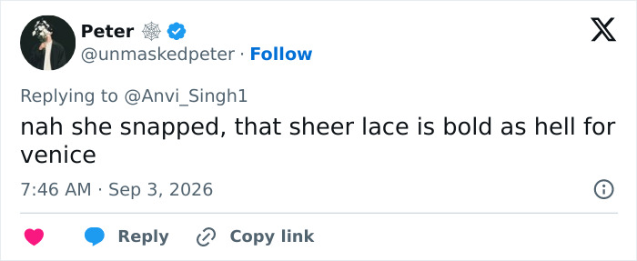 A tweet by Peter about Sydney Sweeney's photos, commenting on the bold sheer lace and mysterious marks. A tweet by Peter about Sydney Sweeney's photos, commenting on the bold sheer lace and mysterious marks.