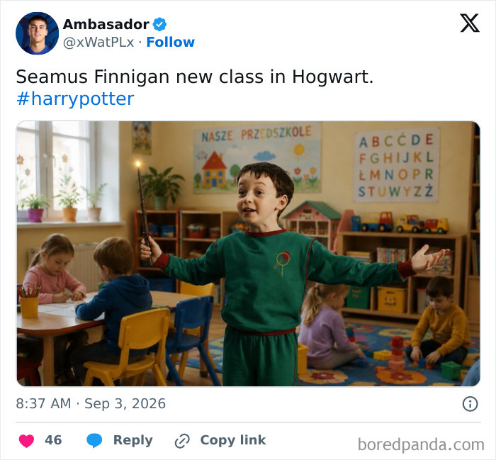 A tweet with an image of a young boy holding a wand in a classroom, captioned Seamus Finnigan new class in Hogwarts.