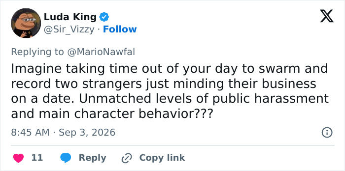 A social media post from Luda King condemning public harassment of a dating foreigner. This tweet addresses a shaming trend.