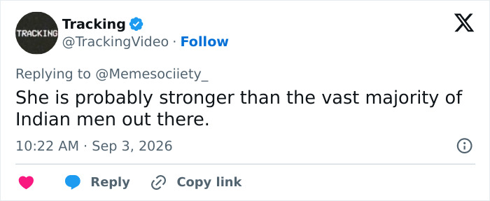 A tweet praises the female weightlifting medalist for her strength, saying she's stronger than most Indian men. A tweet praises the female weightlifting medalist for her strength, saying she's stronger than most Indian men.