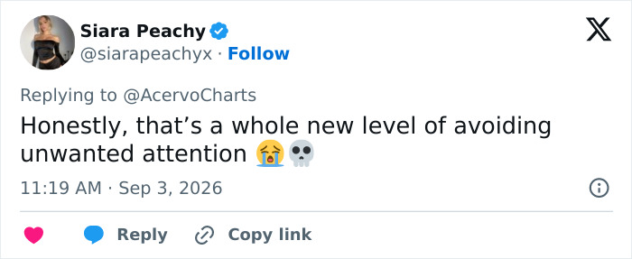 A Twitter post from Siara Peachy commenting on avoiding unwanted attention, related to avoiding being bothered by men.