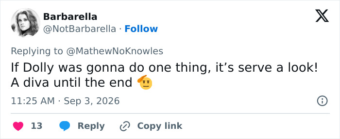 Screenshot of a fan's final video comment: 'If Dolly was gonna do one thing, it's serve a look! A diva until the end' with a winking emoji. Screenshot of a fan's final video comment: 'If Dolly was gonna do one thing, it's serve a look! A diva until the end' with a winking emoji.