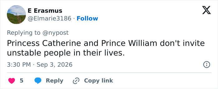 A tweet from E Erasmus suggesting William and Kate's plan to deal with Harry and Meghan is to avoid unstable people. A tweet from E Erasmus suggesting William and Kate's plan to deal with Harry and Meghan is to avoid unstable people.