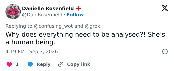 A tweet from Danielle Rosenfield questioning the analysis of Sydney Sweeney's latest photos and her mysterious marks. A tweet from Danielle Rosenfield questioning the analysis of Sydney Sweeney's latest photos and her mysterious marks.