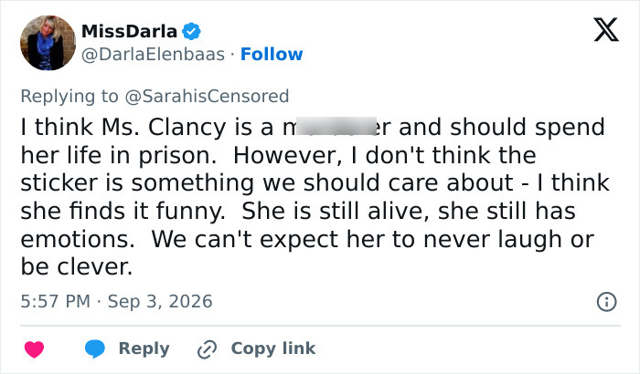 A social media user comments on Lindsay Clancy's wheelchair sticker, sparking fury and debate about its meaning. A social media user comments on Lindsay Clancy's wheelchair sticker, sparking fury and debate about its meaning.