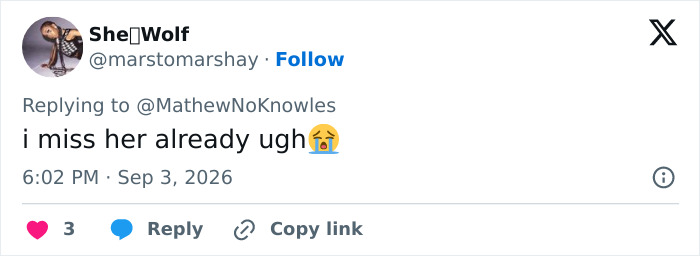 Screenshot of a fan's final video comment: 'i miss her already ugh' with a crying emoji. Screenshot of a fan's final video comment: 'i miss her already ugh' with a crying emoji.