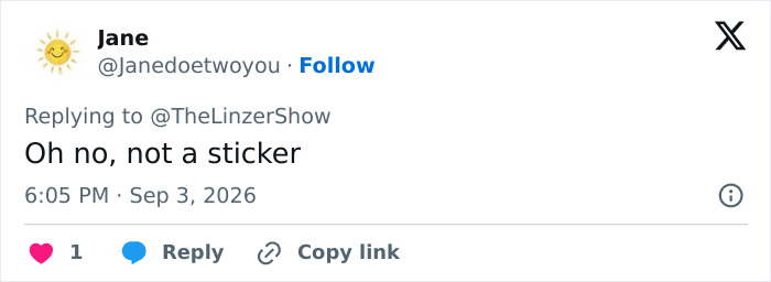 Tweet by Jane reacting to the Lindsay Clancy wheelchair sticker controversy, stating Oh no, not a sticker. Tweet by Jane reacting to the Lindsay Clancy wheelchair sticker controversy, stating Oh no, not a sticker.
