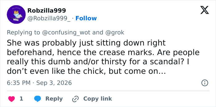 A tweet from Robzilla999 dismissing the mysterious marks on Sydney Sweeney's rib and stomach as crease marks from sitting. A tweet from Robzilla999 dismissing the mysterious marks on Sydney Sweeney's rib and stomach as crease marks from sitting.