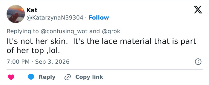 A tweet by Kat regarding Sydney Sweeney's photos, clarifying that the mysterious marks are lace material, not skin. A tweet by Kat regarding Sydney Sweeney's photos, clarifying that the mysterious marks are lace material, not skin.