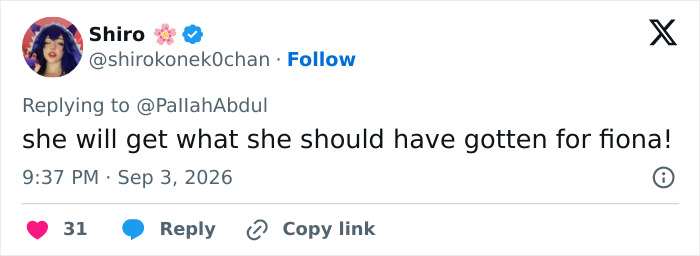 Screenshot of a tweet by user Shiro saying the Hollywood actress will get what she should have gotten for Fiona. Screenshot of a tweet by user Shiro saying the Hollywood actress will get what she should have gotten for Fiona.