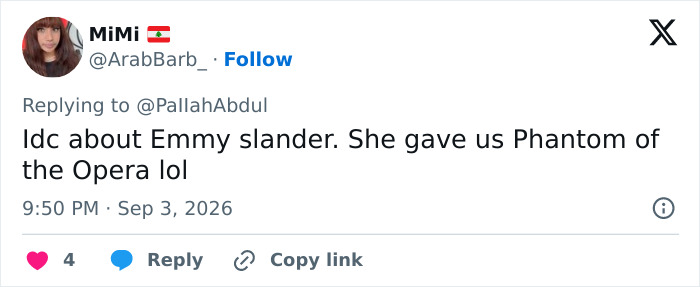 A social media post defending the Hollywood actress from slander, mentioning Phantom of the Opera. A social media post defending the Hollywood actress from slander, mentioning Phantom of the Opera.