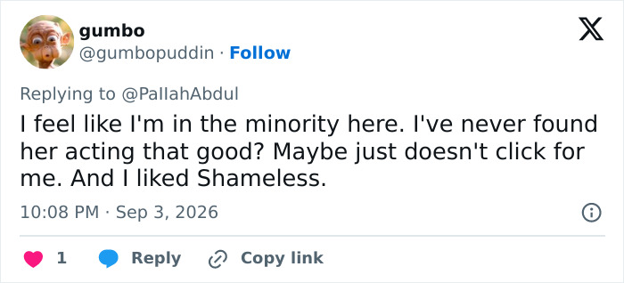 A social media post with the username gumbo, discussing an actress's performance, relevant to Hollywood actress allegations. A social media post with the username gumbo, discussing an actress's performance, relevant to Hollywood actress allegations.