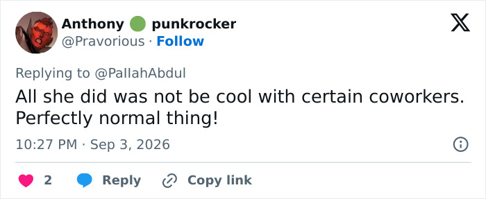 Screenshot of a tweet by user Anthony defending the Hollywood actress, stating she was not cool with coworkers, a normal thing. Screenshot of a tweet by user Anthony defending the Hollywood actress, stating she was not cool with coworkers, a normal thing.