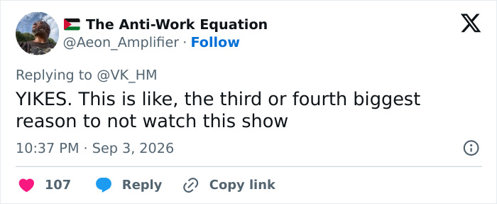 A tweet from 'The Anti-Work Equation' expressing a strong negative opinion on a show, relating to the Harry Potter backlash. A tweet from 'The Anti-Work Equation' expressing a strong negative opinion on a show, relating to the Harry Potter backlash.