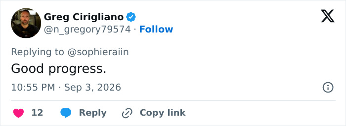 A social media post with a comment on Sophie Rain's 50lbs weight loss, stating 'Good progress.' A social media post with a comment on Sophie Rain's 50lbs weight loss, stating 'Good progress.'