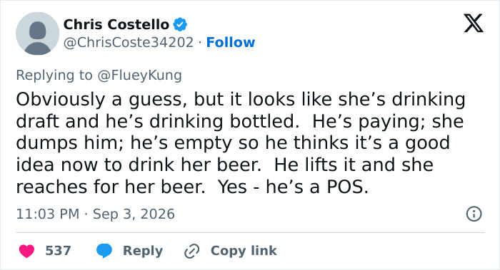 Chris Costello tweet: Man's brutal reaction after woman rejects him on second date, raising awareness on such behavior. Chris Costello tweet: Man's brutal reaction after woman rejects him on second date, raising awareness on such behavior.