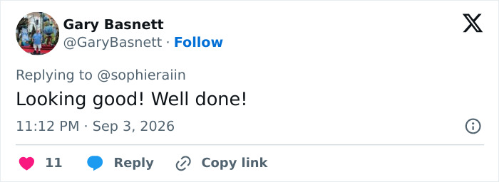 A social media post with a comment congratulating Sophie Rain on her 50lbs weight loss, stating 'Looking good! Well done!' A social media post with a comment congratulating Sophie Rain on her 50lbs weight loss, stating 'Looking good! Well done!'