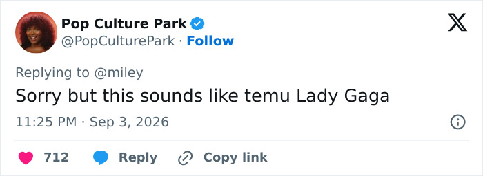 Screenshot of a social media post commenting on Miley Cyrus's song, suggesting it sounds like Temu Lady Gaga. Screenshot of a social media post commenting on Miley Cyrus's song, suggesting it sounds like Temu Lady Gaga.
