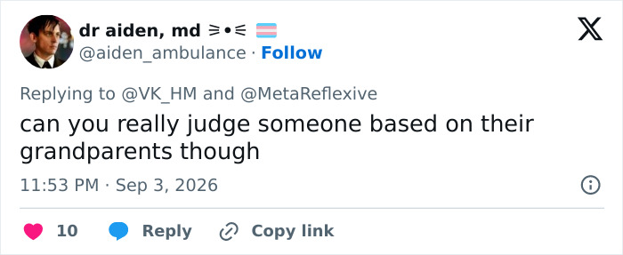 A tweet from dr aiden, md, asking about judging someone based on their grandparents. Harry Potter backlash. A tweet from dr aiden, md, asking about judging someone based on their grandparents. Harry Potter backlash.