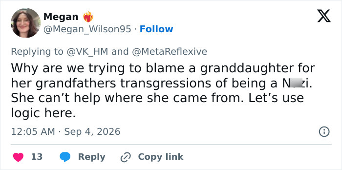A tweet from Megan, debating against blaming a granddaughter for her grandfathers transgressions. Harry Potter backlash. A tweet from Megan, debating against blaming a granddaughter for her grandfathers transgressions. Harry Potter backlash.