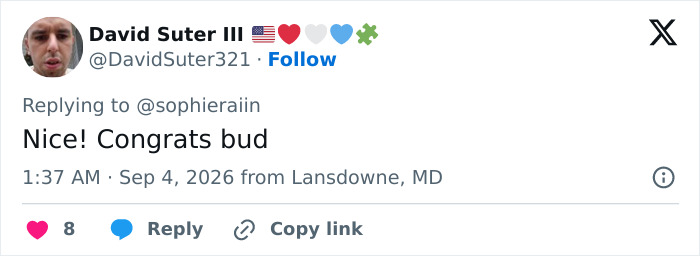 A social media post with a comment praising Sophie Rain for her 50lbs weight loss, saying 'Nice! Congrats bud.' A social media post with a comment praising Sophie Rain for her 50lbs weight loss, saying 'Nice! Congrats bud.'