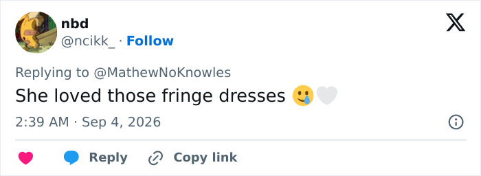 Screenshot of a fan's final video comment: 'She loved those fringe dresses' with a crying and heart emoji. Screenshot of a fan's final video comment: 'She loved those fringe dresses' with a crying and heart emoji.