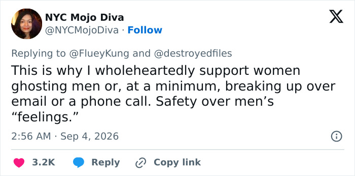 Tweet by @NYCMojoDiva supporting women rejecting men due to a man's brutal reaction, emphasizing safety. Tweet by @NYCMojoDiva supporting women rejecting men due to a man's brutal reaction, emphasizing safety.