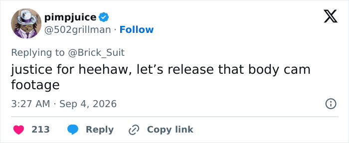 A tweet demanding justice for HeeHaw, the baby donkey, and release of body cam footage. A tweet demanding justice for HeeHaw, the baby donkey, and release of body cam footage.
