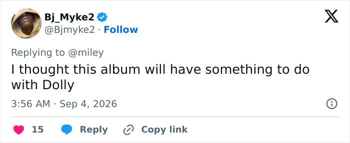 A tweet referencing Miley Cyrus's name change and the announcement near Dolly Parton's passing. A tweet referencing Miley Cyrus's name change and the announcement near Dolly Parton's passing.