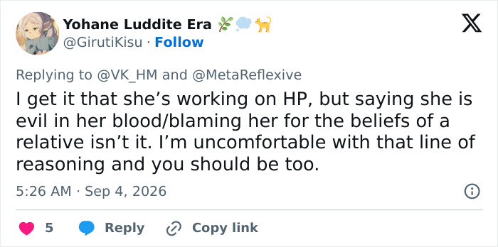 A screenshot of a tweet from Yohane Luddite Era debating the Harry Potter backlash and a new discovery. A screenshot of a tweet from Yohane Luddite Era debating the Harry Potter backlash and a new discovery.