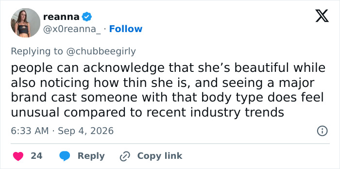 Screenshot of a tweet acknowledging the Victoria's Secret model's beauty but noting her thinness. Screenshot of a tweet acknowledging the Victoria's Secret model's beauty but noting her thinness.