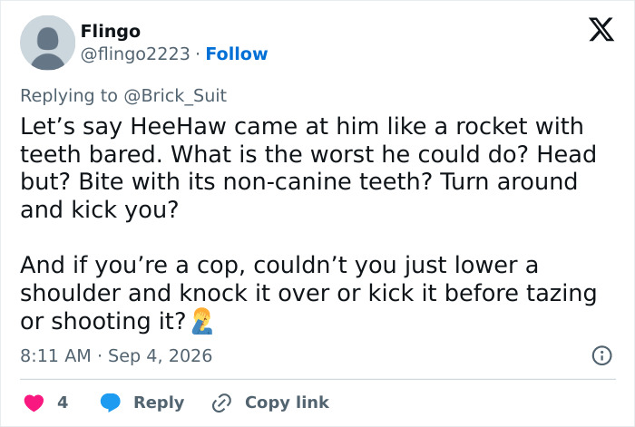 Tweet questioning Georgia cop firing on baby donkey. Tweet questioning Georgia cop firing on baby donkey.