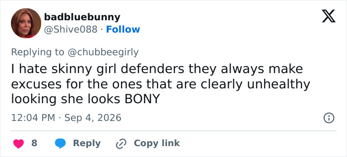 Screenshot of a tweet from badbluebunny about model backlash, criticizing skinny girl defenders and calling the model bony. Screenshot of a tweet from badbluebunny about model backlash, criticizing skinny girl defenders and calling the model bony.